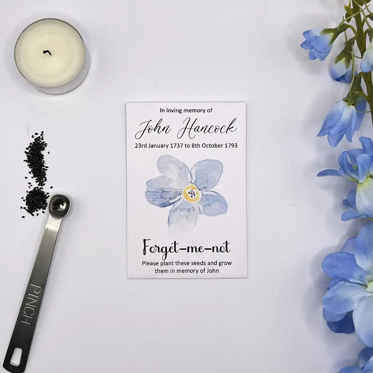 Personalised Forget Me Not Funeral Seed Packets, Watercolour Flower Design