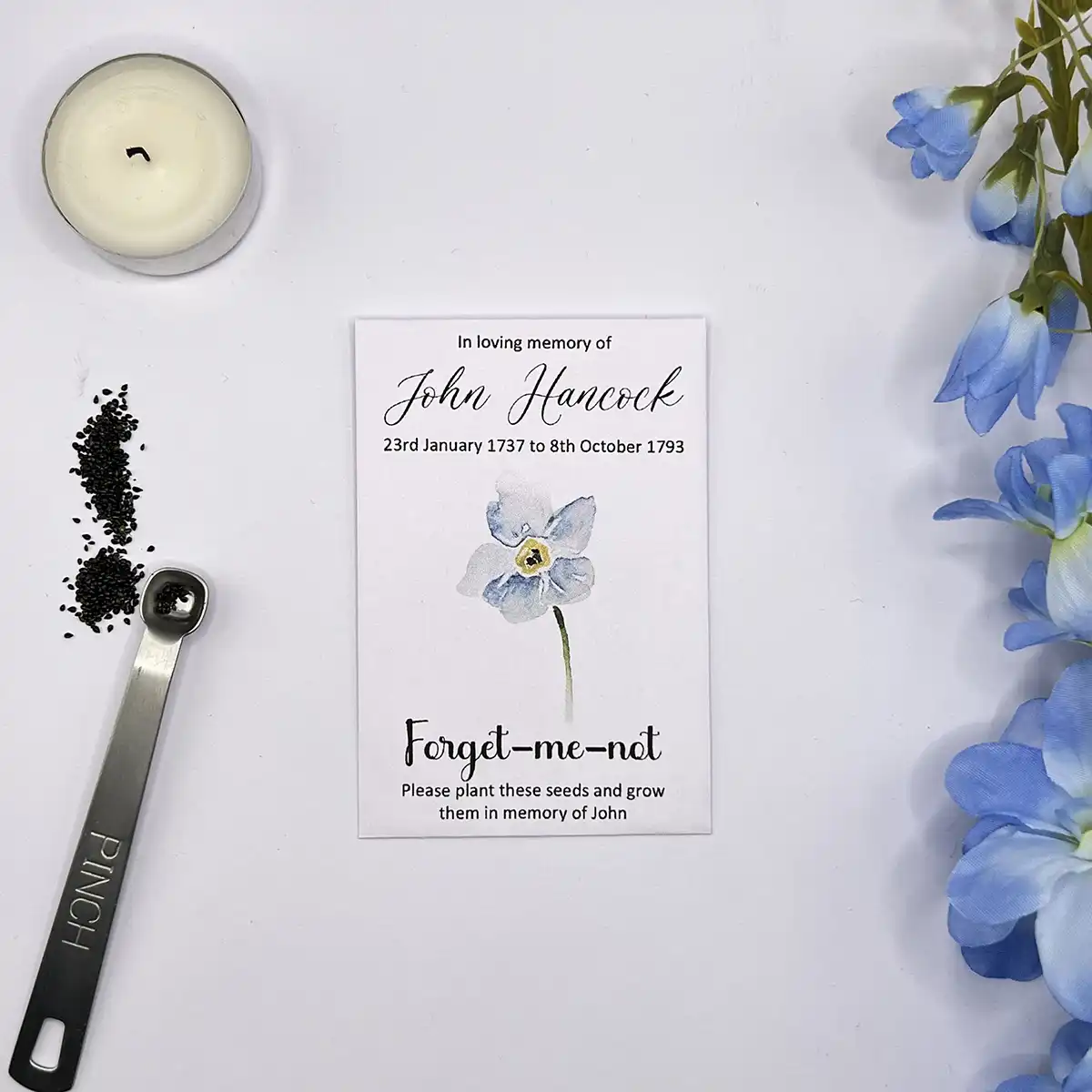 Personalised Forget Me Not Funeral Seed Packets, Peaceful Flower Design