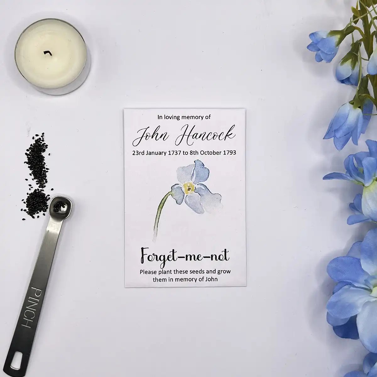 Personalised Forget Me Not Funeral Seed Packets, Simple Flower Design