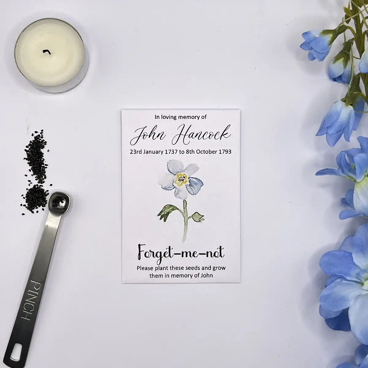 Personalised Forget Me Not Funeral Seed Packets, Single Flower Design