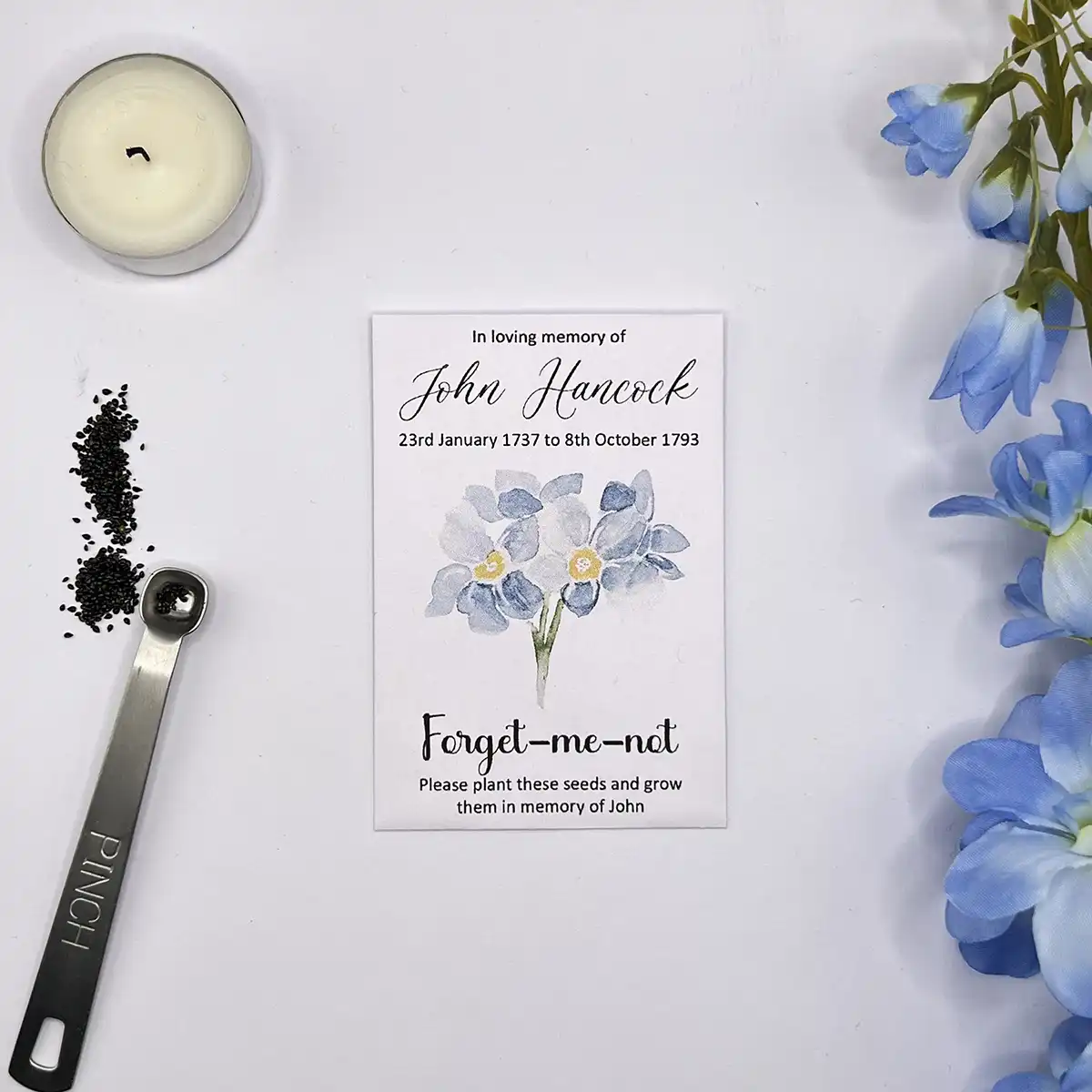 Personalised Forget Me Not Funeral Seed Packets, Watercolour Bunch Design