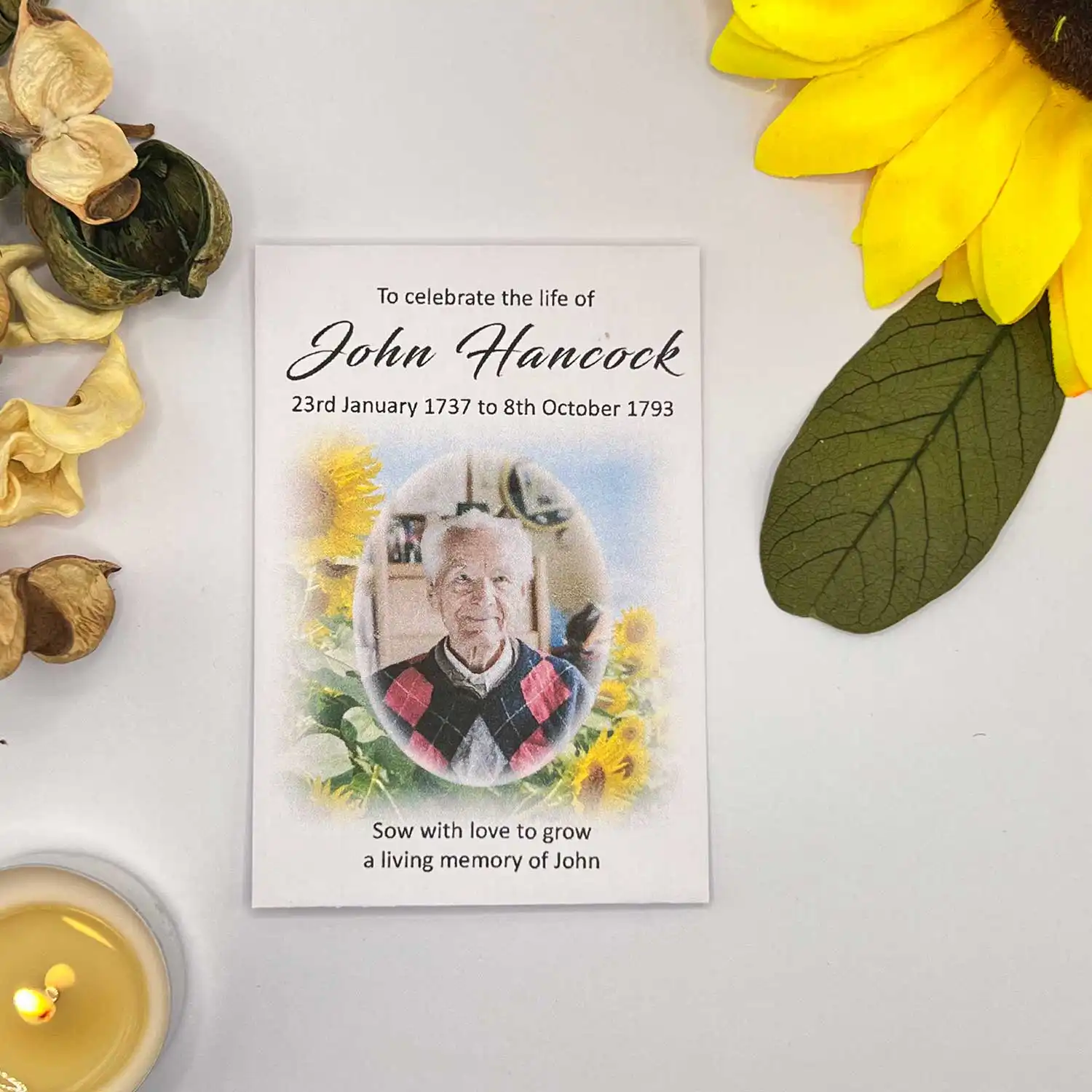 Personalised Photo Funeral Seed Packets, Sunflower Portrait Design