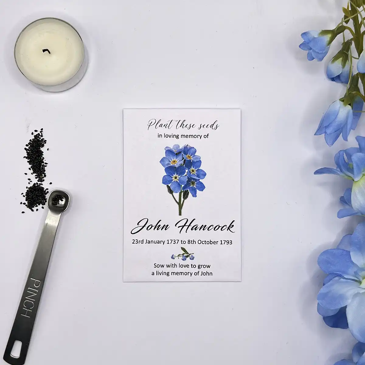 Personalised Forget Me Not Funeral Seed Packets, Floral Bunch Design