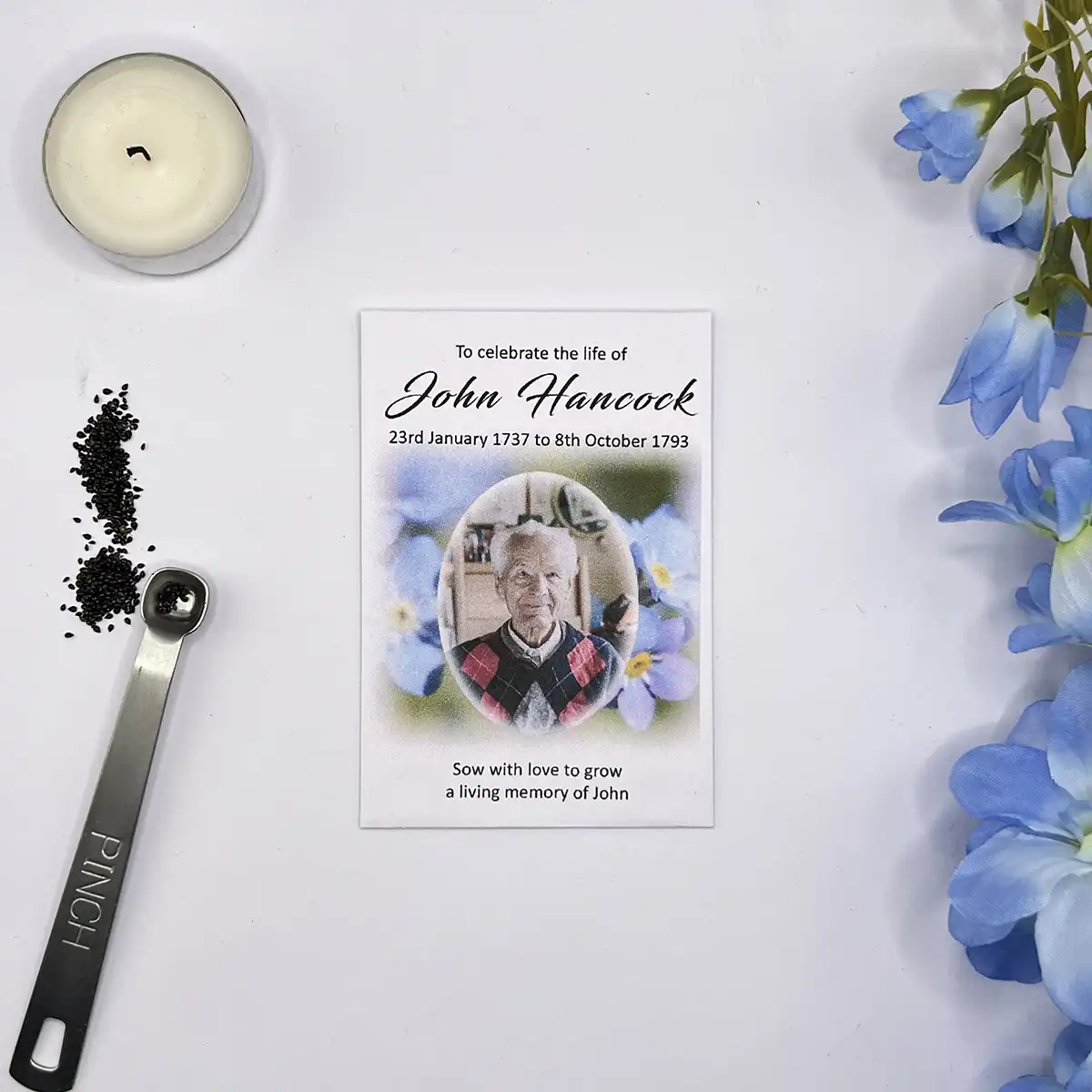 Personalised Photo Funeral Seed Packets, Forget Me Not Background