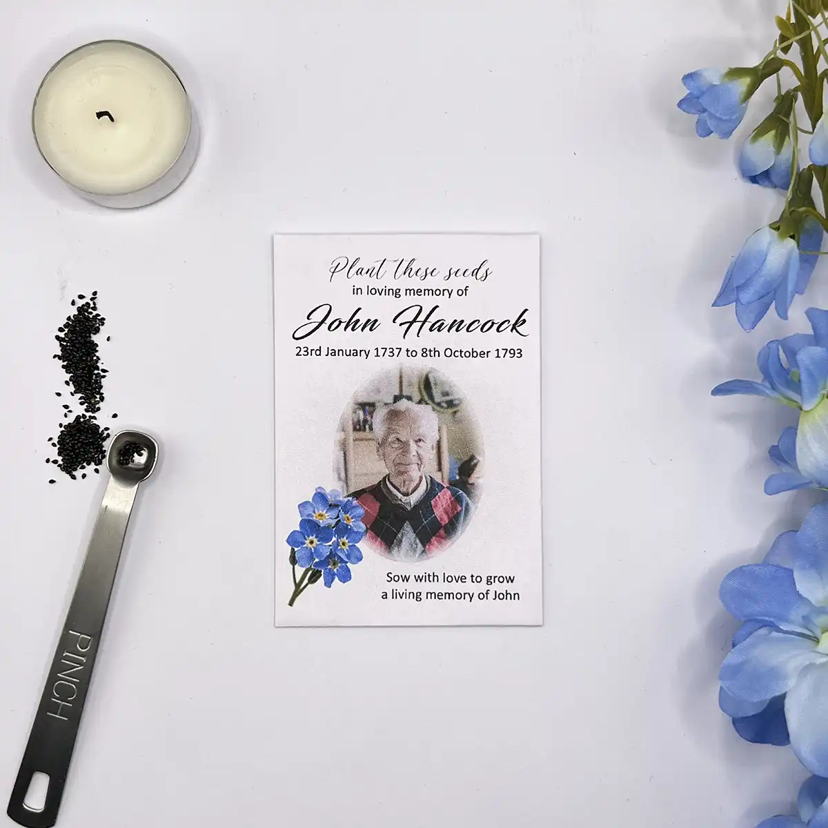 Personalised Photo Funeral Seed Packets, Forget Me Not Portrait Design